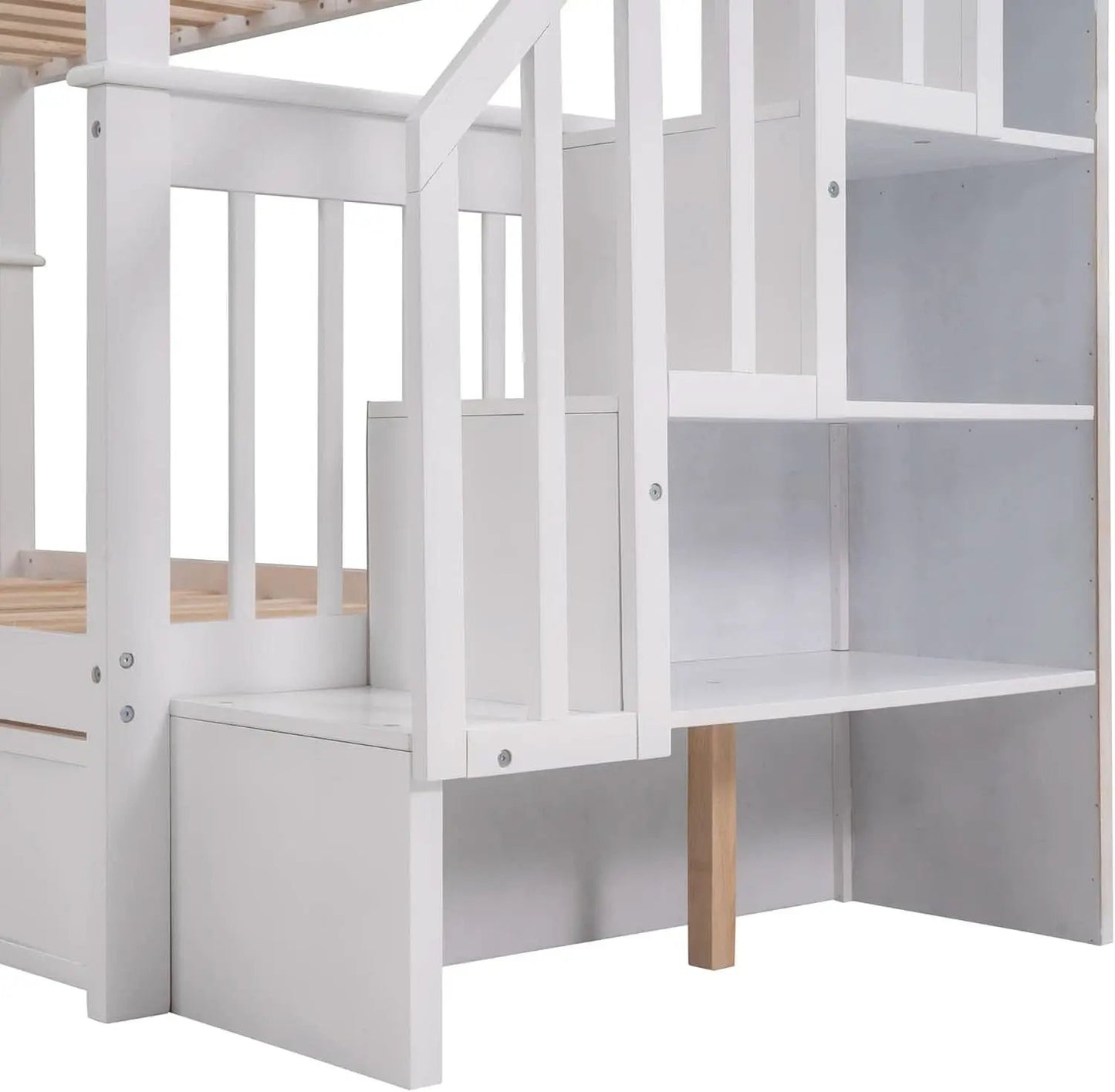 Twin Over Twin Bunk Bed With Stairs Guard Rail And Storage Drawers White from PriceLows™
