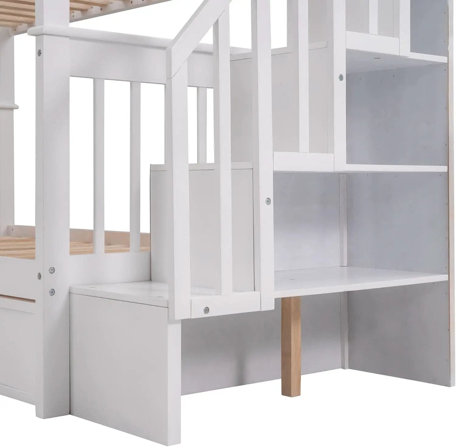 Twin Over Twin Bunk Bed With Stairs Guard Rail And Storage Drawers White from PriceLows™
