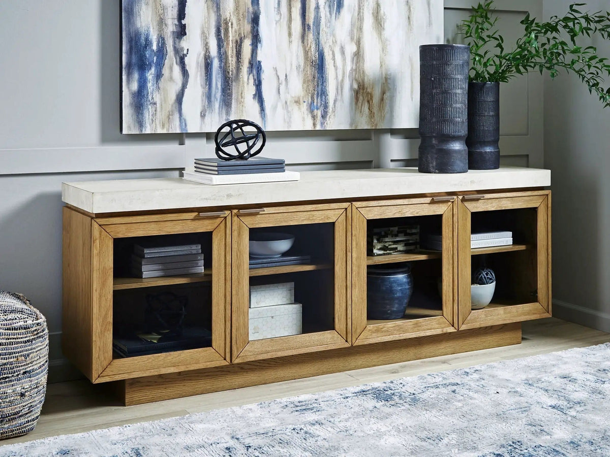Adanworth Accent Cabinet | 80.13 x 17.13 x 30.13 in | Oak Veneer & Glass | Light Brown / Gray