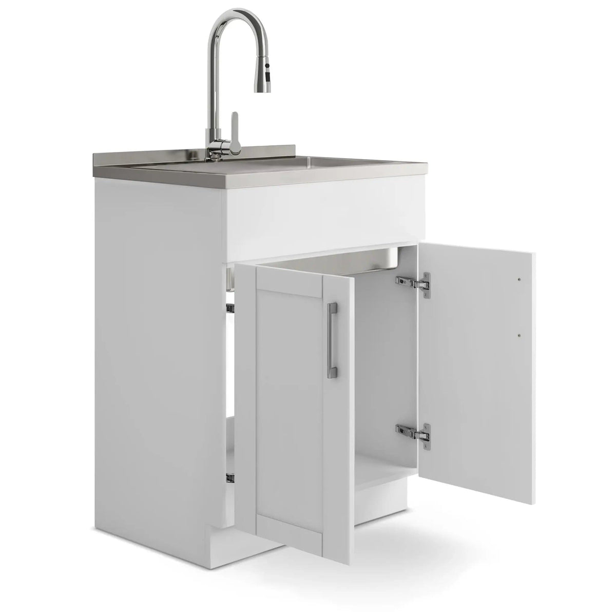 Shaker Modern Wide, Laundry Cabinet With Faucet And Stainless Steel Sink Vanity | 2 Pieces | Stainless Steel | Bathroom
