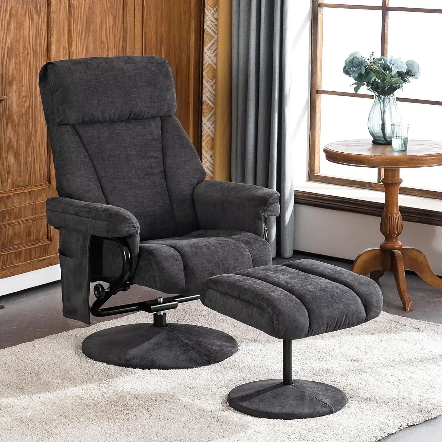 Dark Grey Swivel Recliner With Ottoman Vibration Massage from PriceLows™