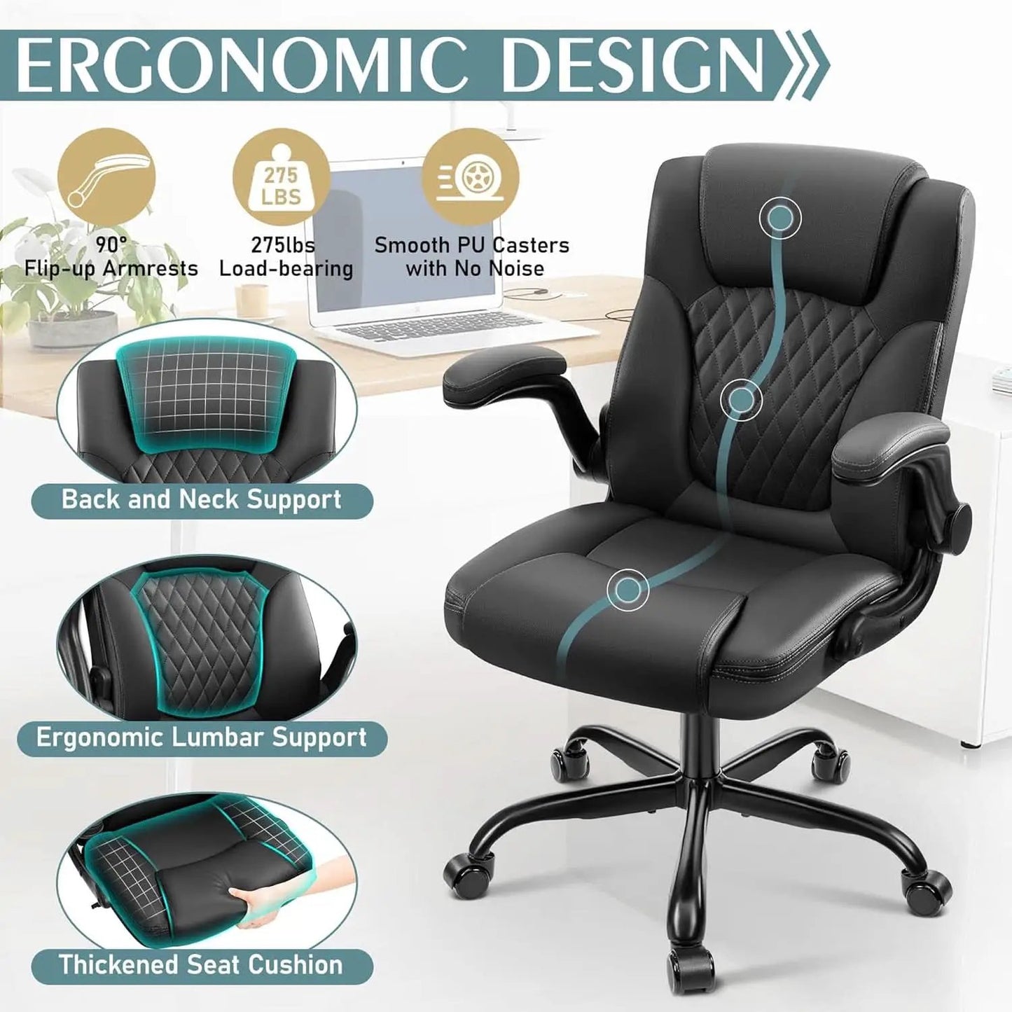 Ergonomic Leather Office Chair Adjustable Armrests Black from PriceLows™
