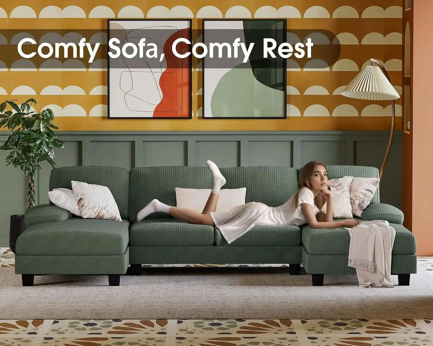 Dark Green Corduroy U Shaped Sectional Sofa 4 Seat Chaise from PriceLows™