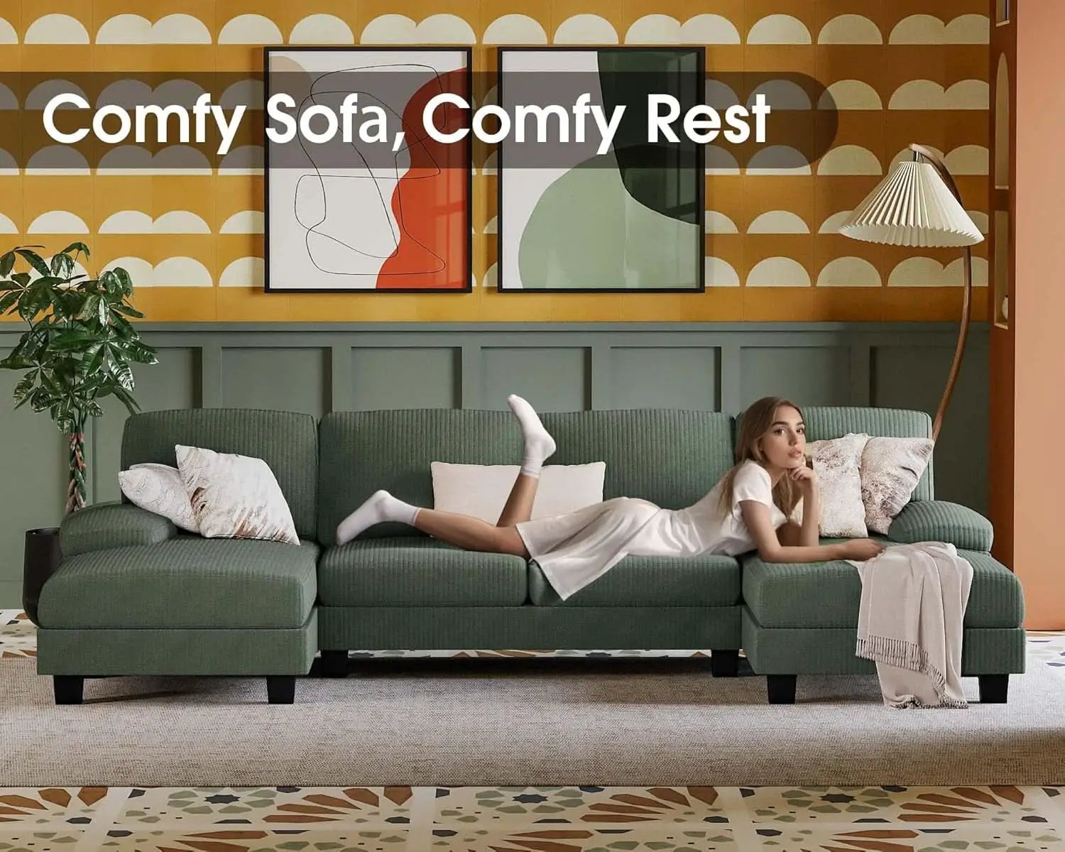 Dark Green Corduroy U Shaped Sectional Sofa 4 Seat Chaise from PriceLows™
