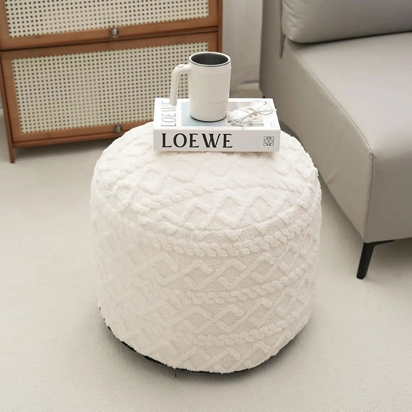 Beige Velvet Texture FauxFur Memory Foam Round Ottoman from PriceLows™