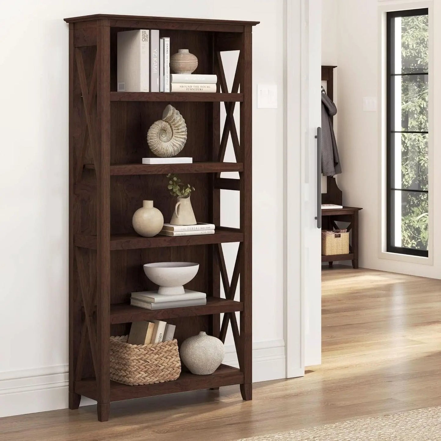 Bush Furniture Tall 5 Shelf Bookcase Bing Cherry Finish from PriceLows™
