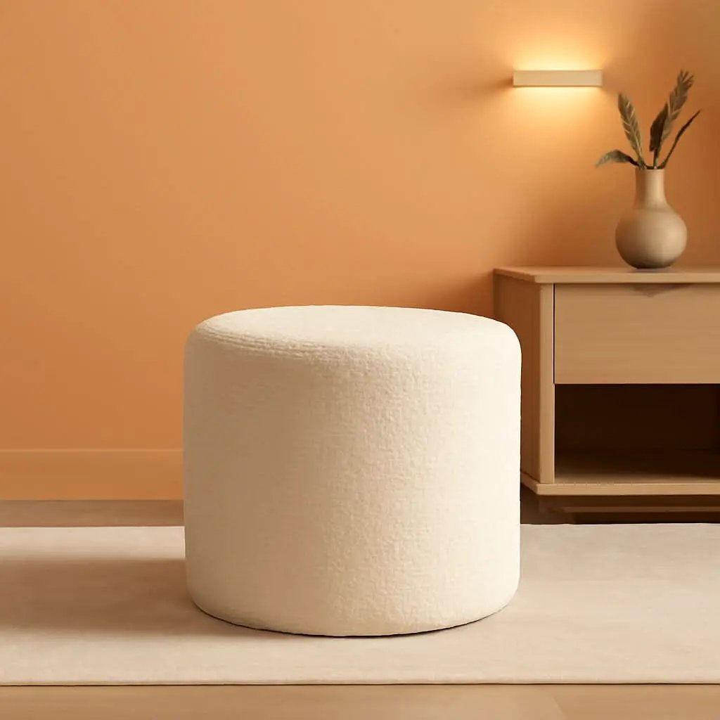 Round Ottoman Foot Rest 17x17x14 White Boucle Fabric from PriceLows™