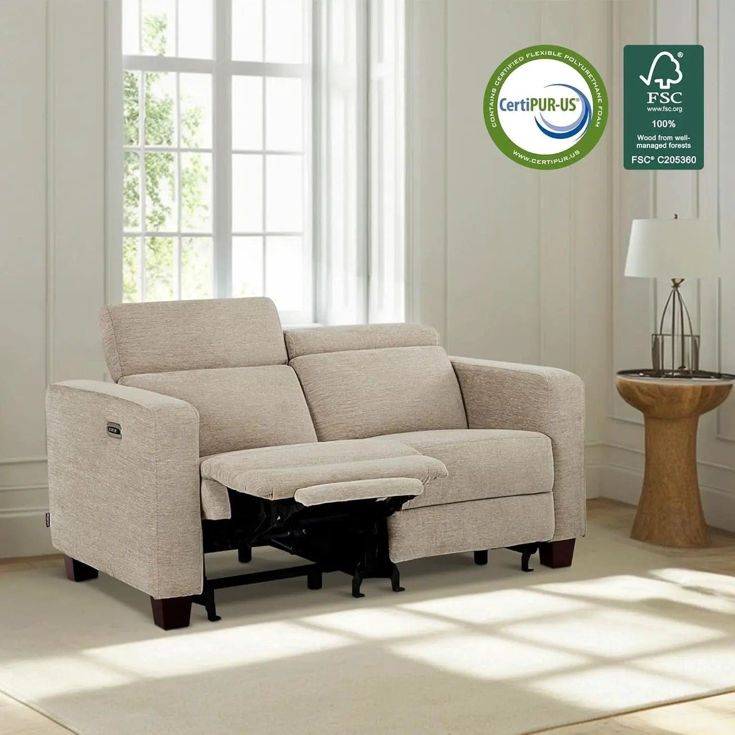 Beige Fabric Wall Hugger Power Loveseat Recliner USB from PriceLows™