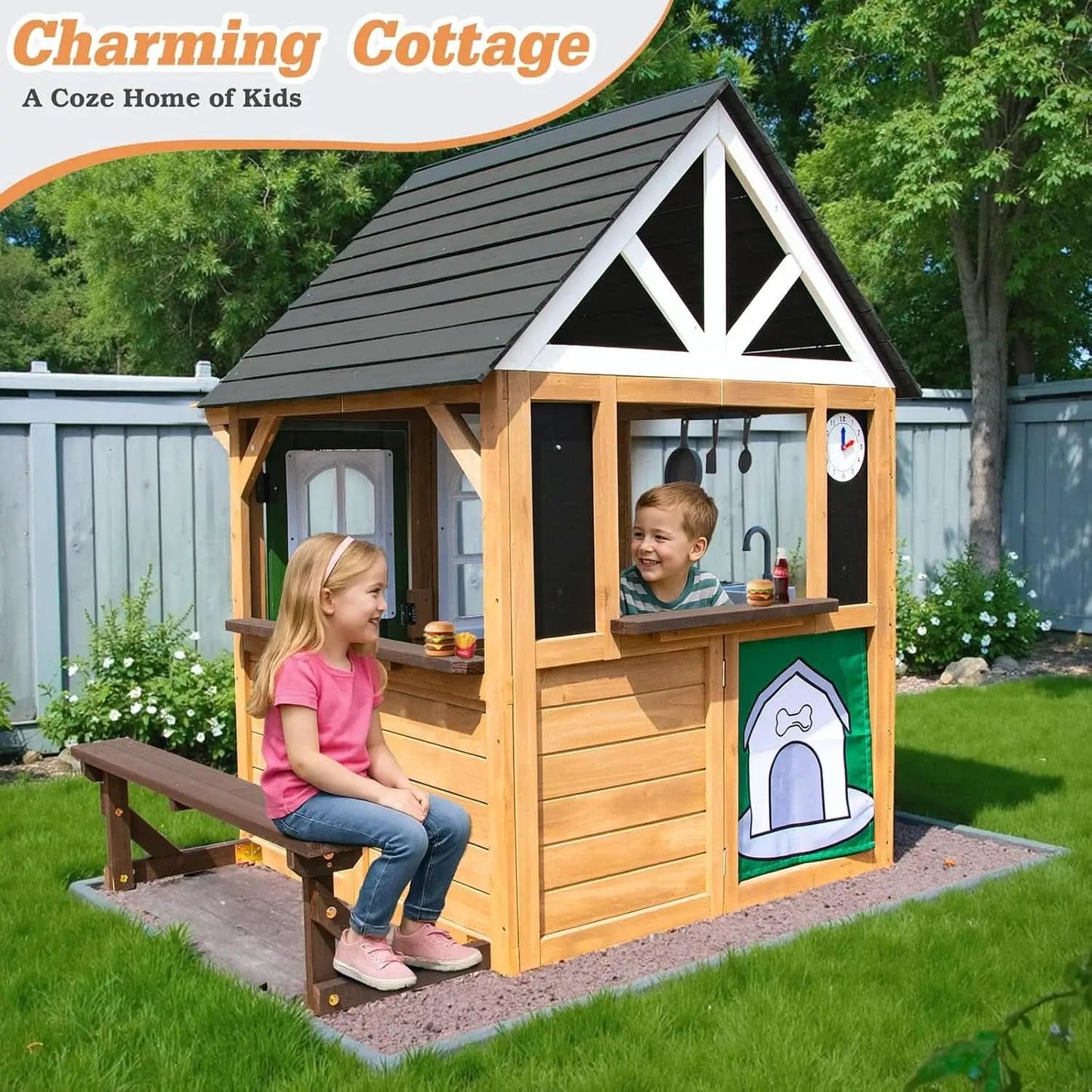 Cedar Gray Weather proof Kids Playhouse With Doorbell from PriceLows™
