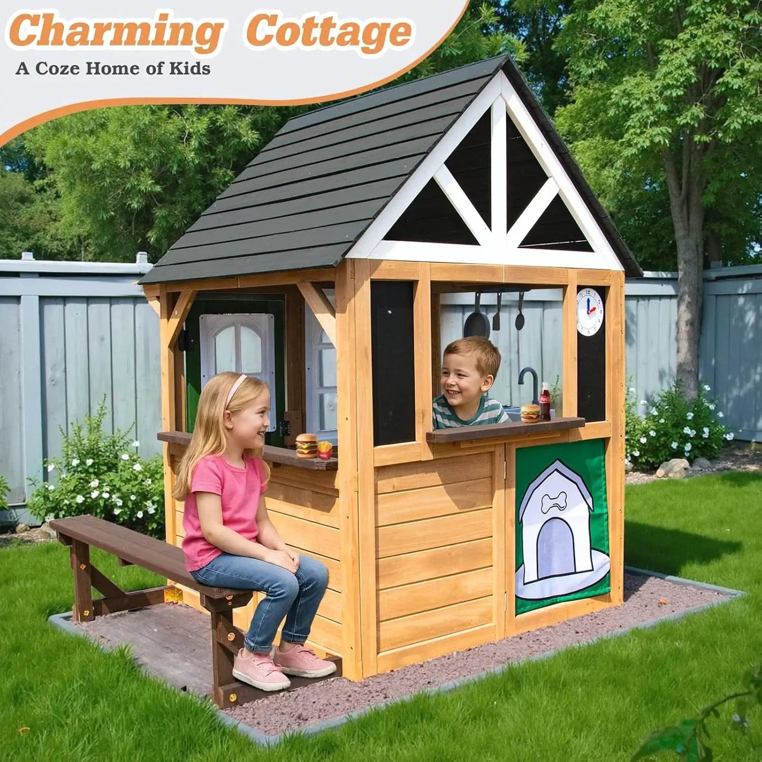 Cedar Gray Weather proof Kids Playhouse With Doorbell from PriceLows™