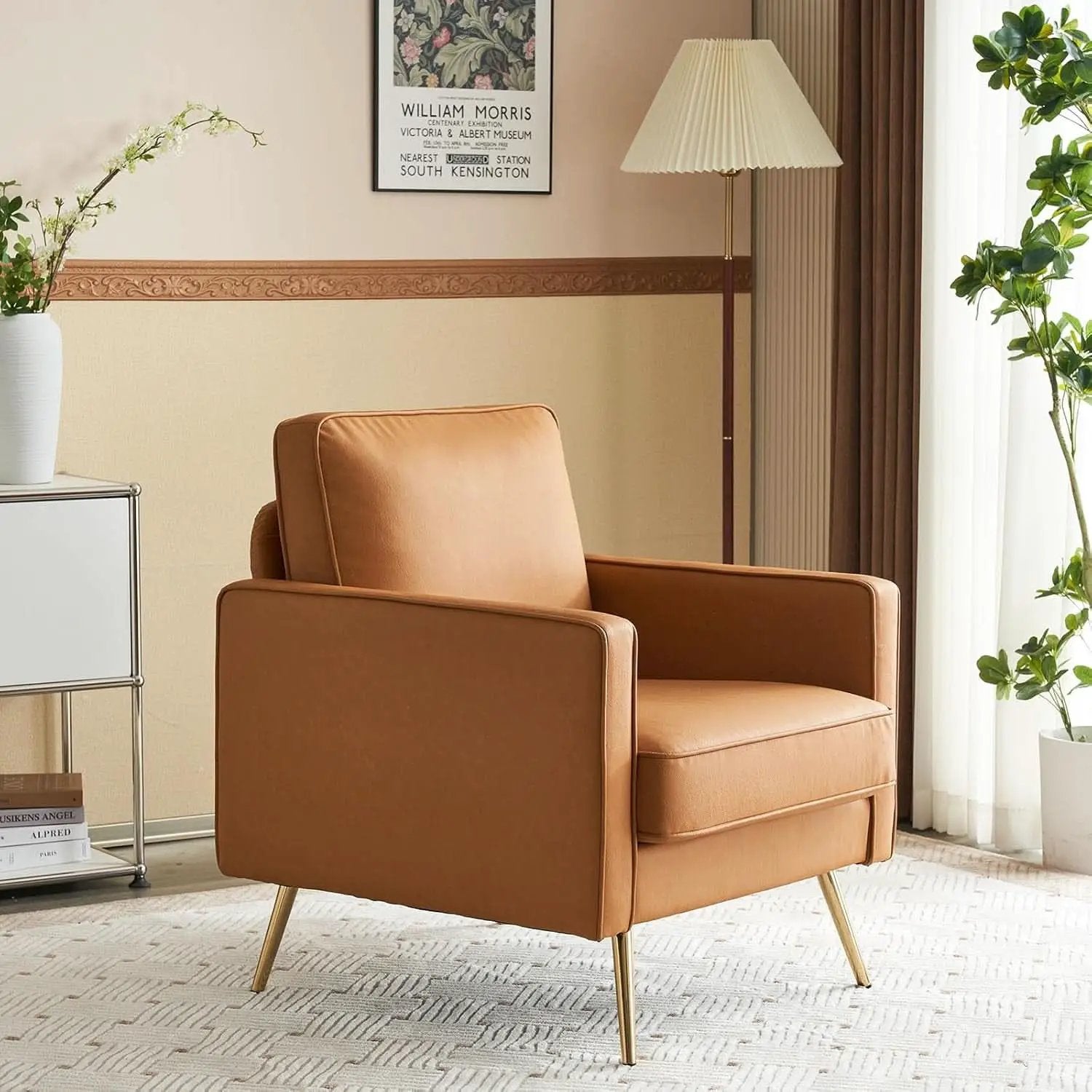 Brown PU Leather Accent Chairs Set Of 2 With Gold Legs from PriceLows™