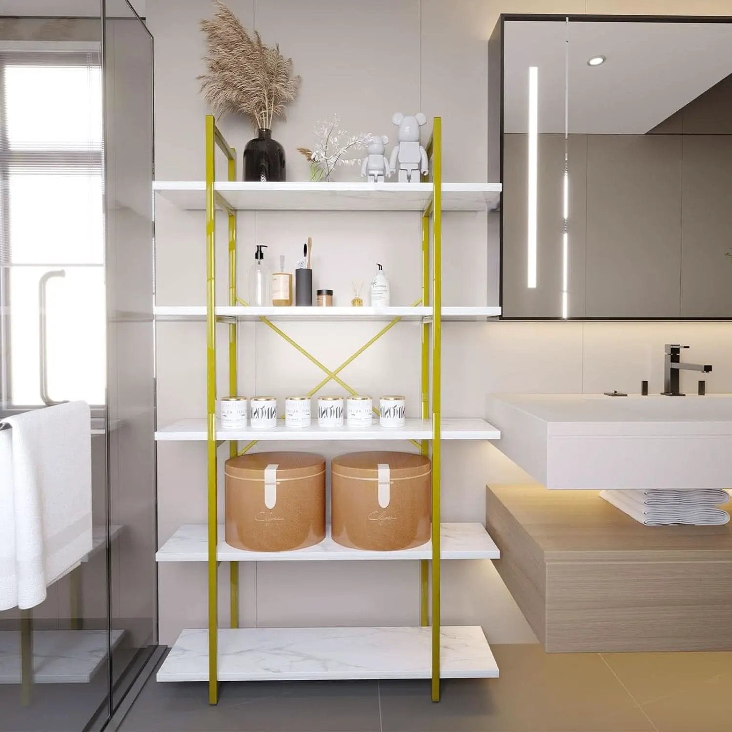 Five Tier Bookshelf Organizer White Faux Marble Metal Open Display from PriceLows™