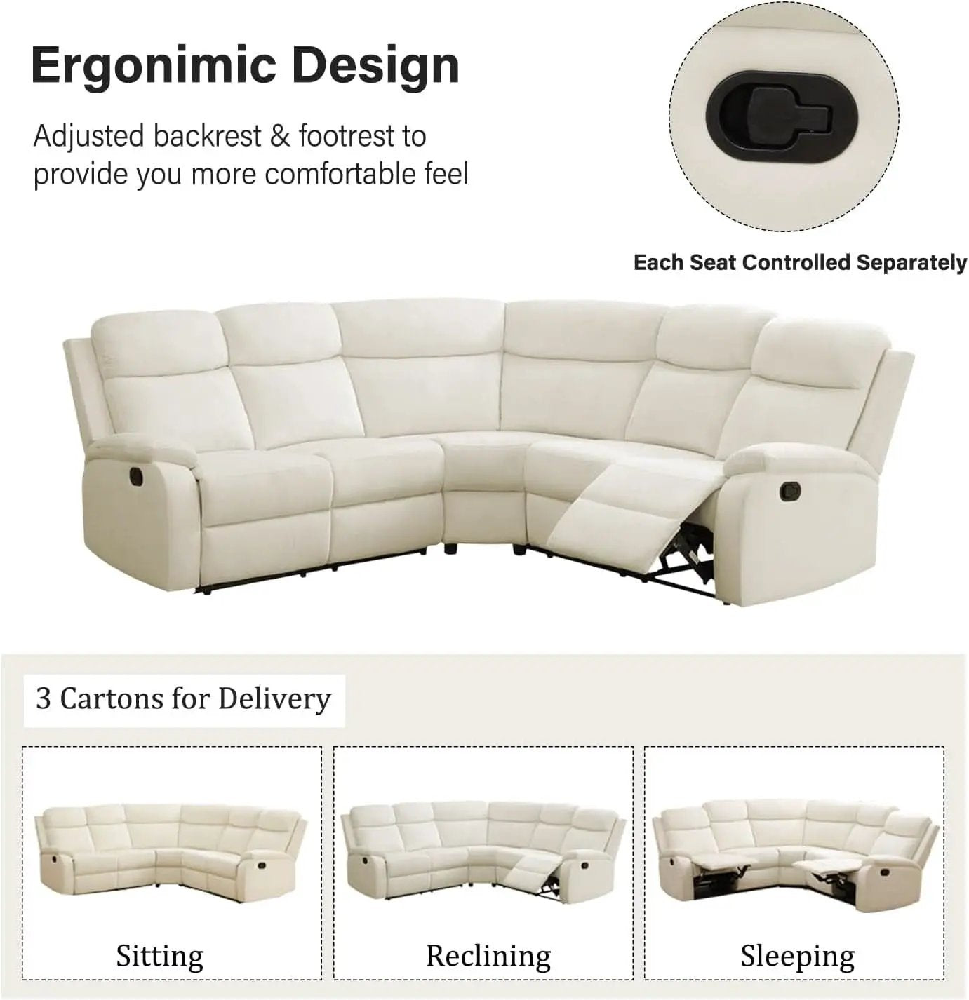 Off White Recliner Sectional Sofa Five Seats Living Room from PriceLows™