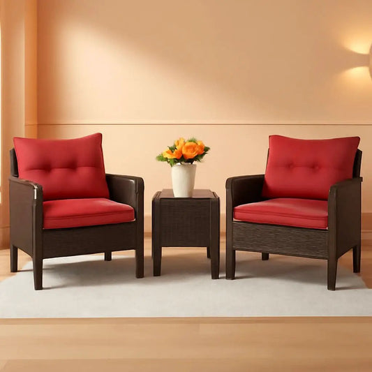 Red 3 Piece Outdoor Patio Furniture Set With Wicker Chairs And Glass Top Coffee Table from PriceLows™