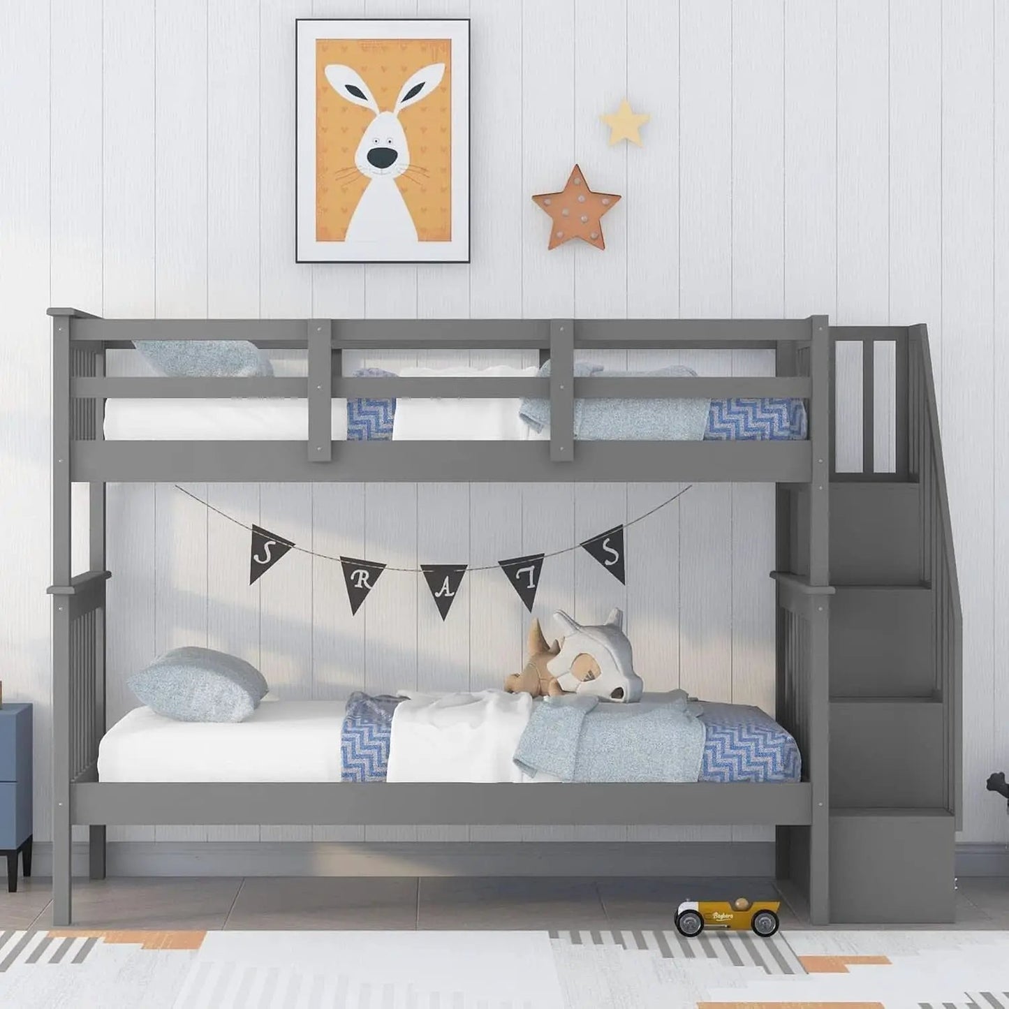 Twin Over Twin Bunk Beds With Stairs Grey For Kids Dorm from PriceLows™