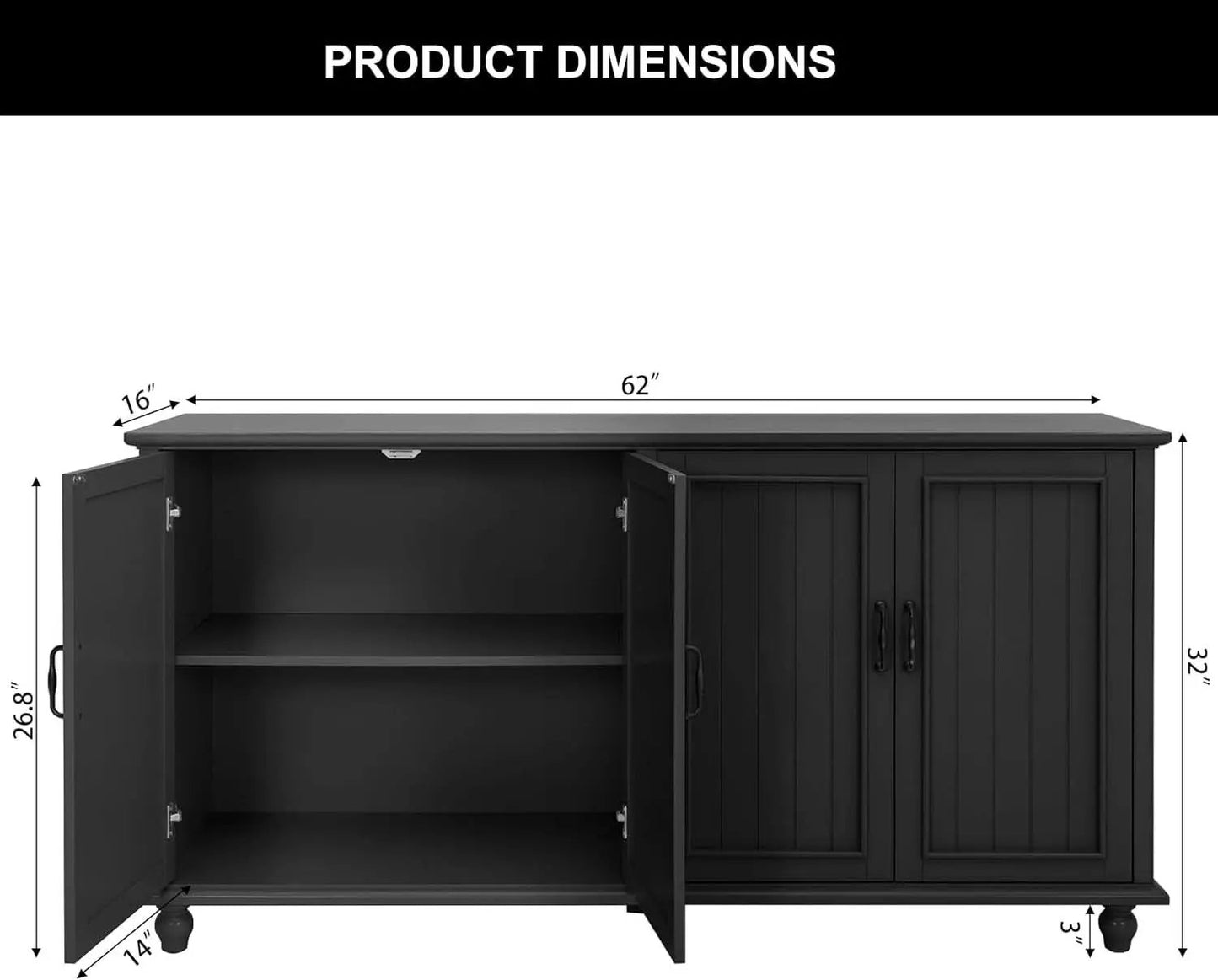 Black 62 Inch Coffee Bar Cabinet Four Doors Storage from PriceLows™