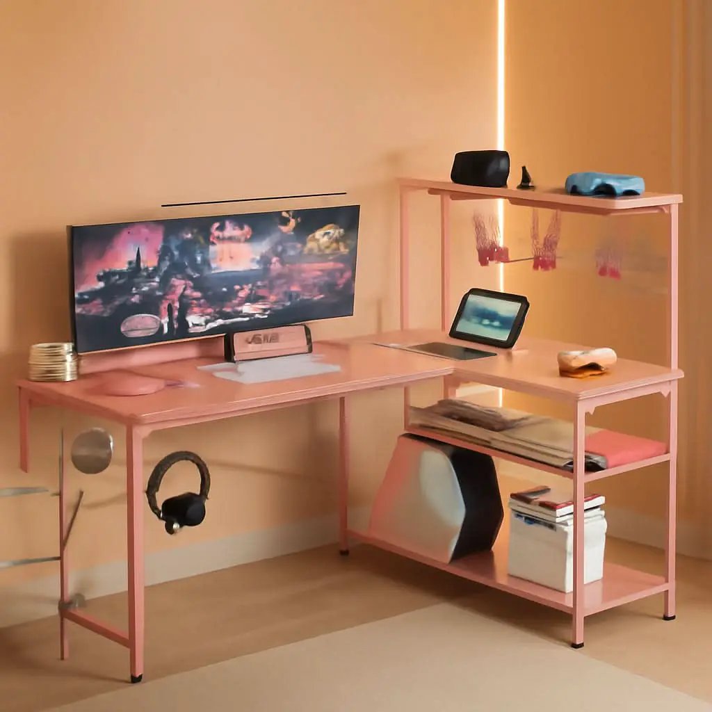 51 Inch L Shaped Gaming Desk Pink With Power Outlets And LED Lights from PriceLows™