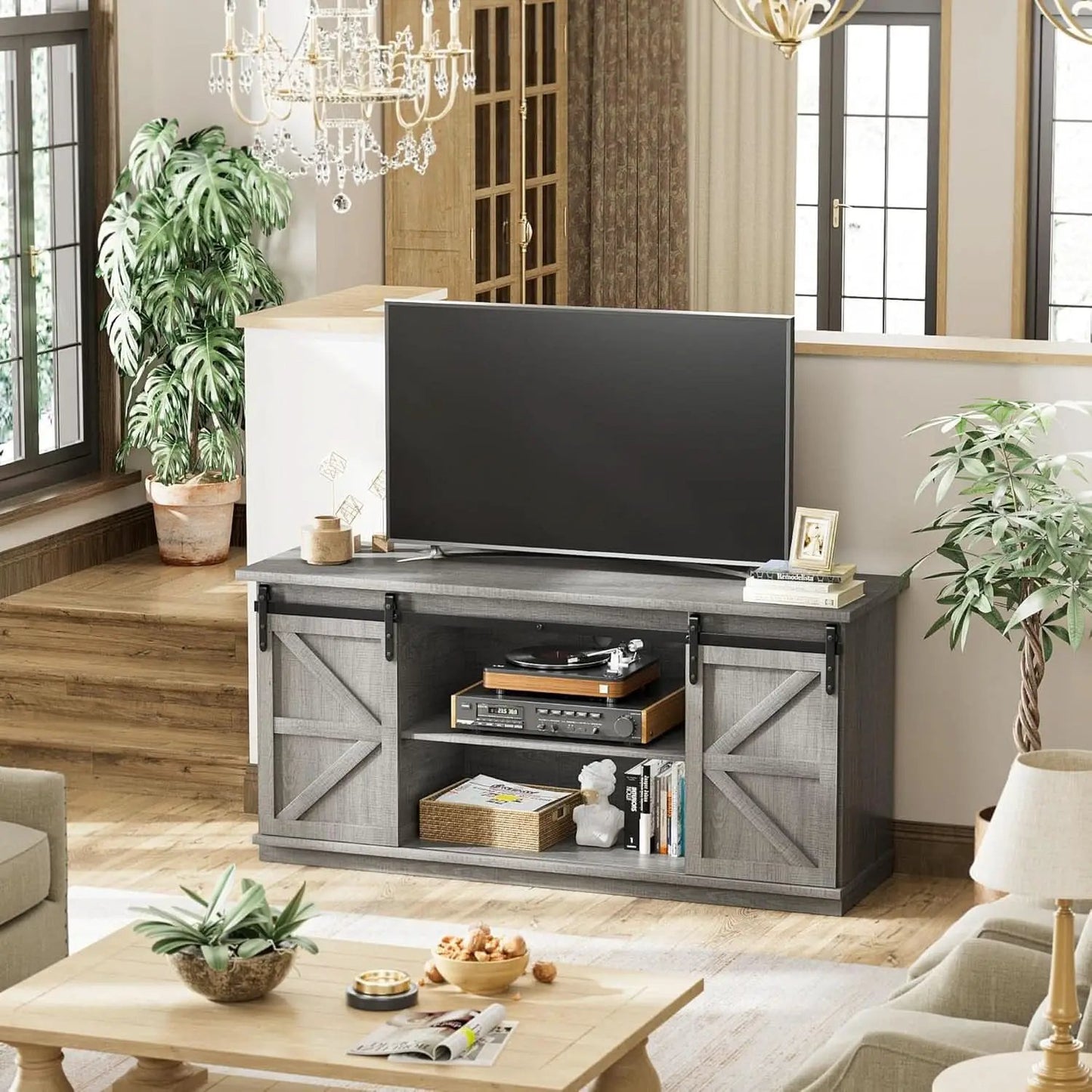 65 Inch TV Stand With Sliding Barn Doors Media Console from PriceLows™