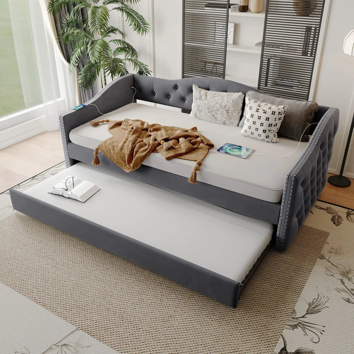 Twin Size Upholstered Daybed With Trundle And USB Charging Design For Bedroom - | 81.1 x 40.55 x 29.5 in | Fabric | Gray