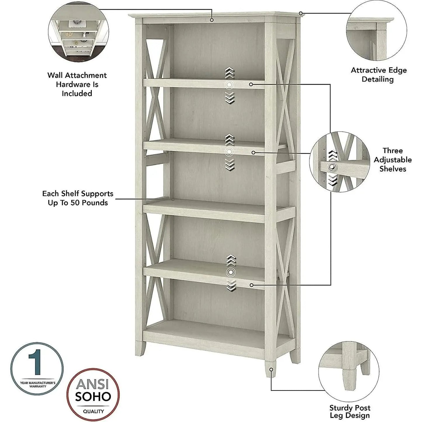 Linen White Oak 5 Shelf Bookcase Set 2 Tall 66H 32W 13D from PriceLows™