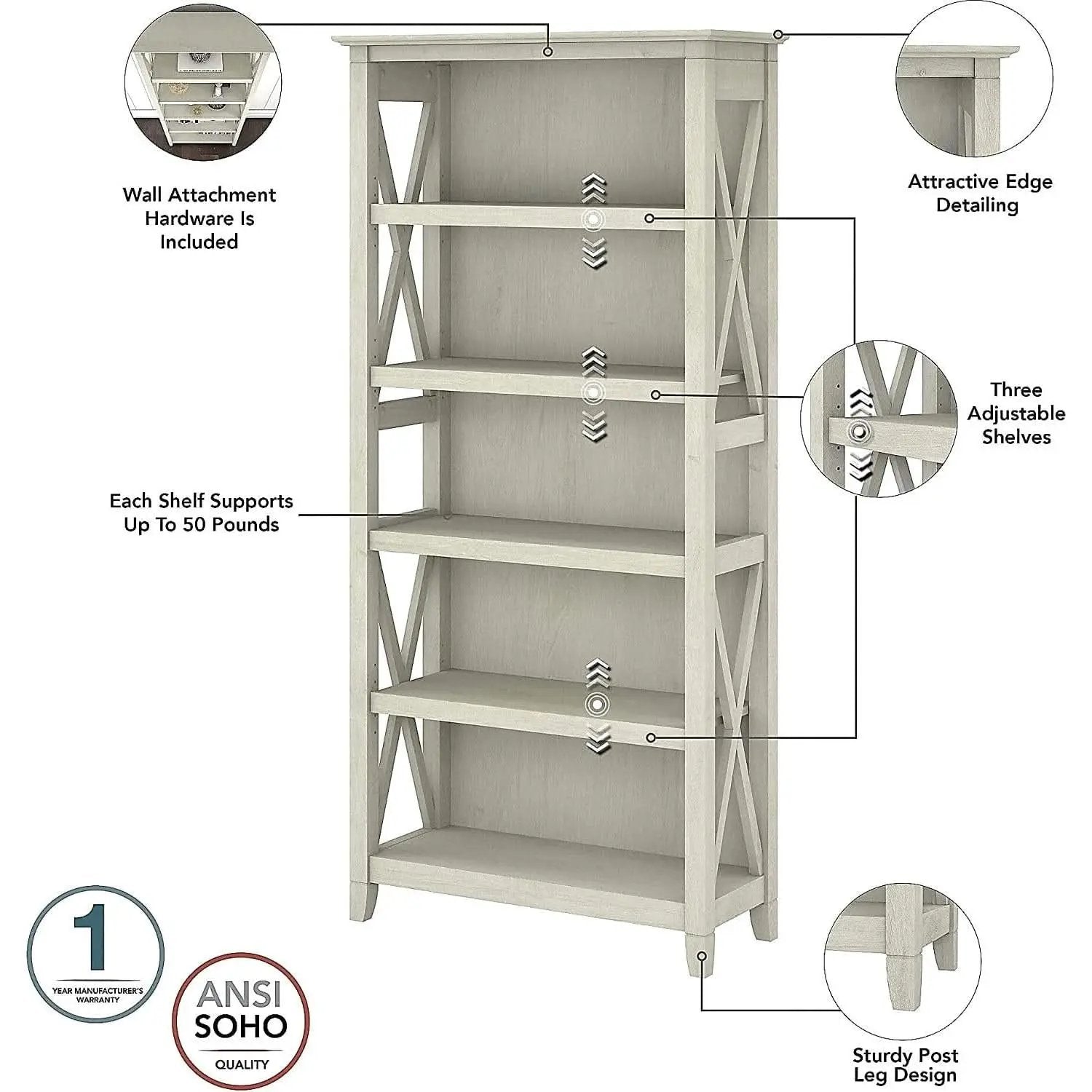 Linen White Oak 5 Shelf Bookcase Set 2 Tall 66H 32W 13D from PriceLows™