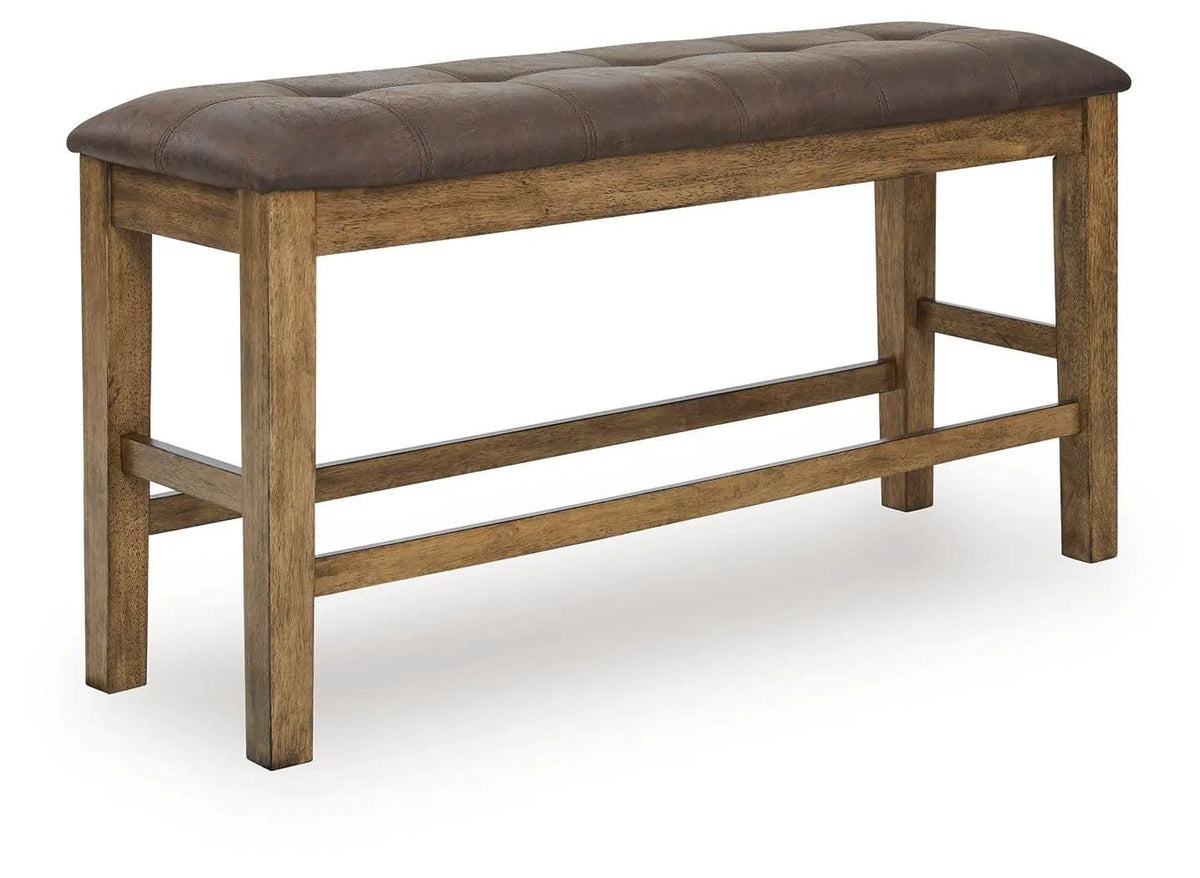 Urbinforte Double Counter Height Upholstered Bench | 49.5 x 15.75 x 25.38 in | Solid Wood & Faux Leather | Light Brown