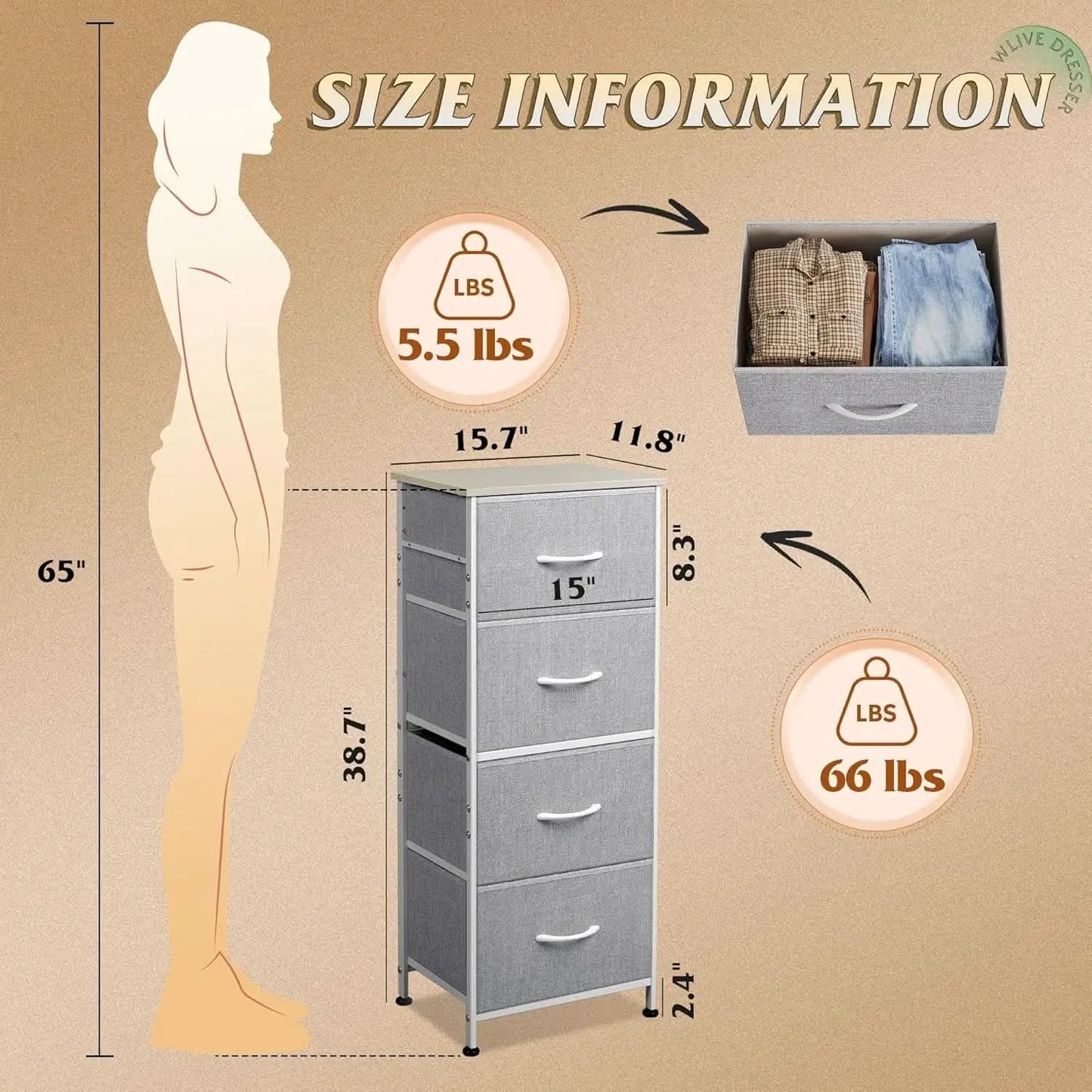 Light Grey Fabric 4 Drawer Dresser With Wood Top Storage from PriceLows™