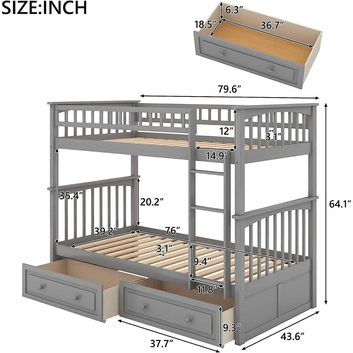 Grey Twin Bunk Bed With Storage Drawers Safety Rail from PriceLows™