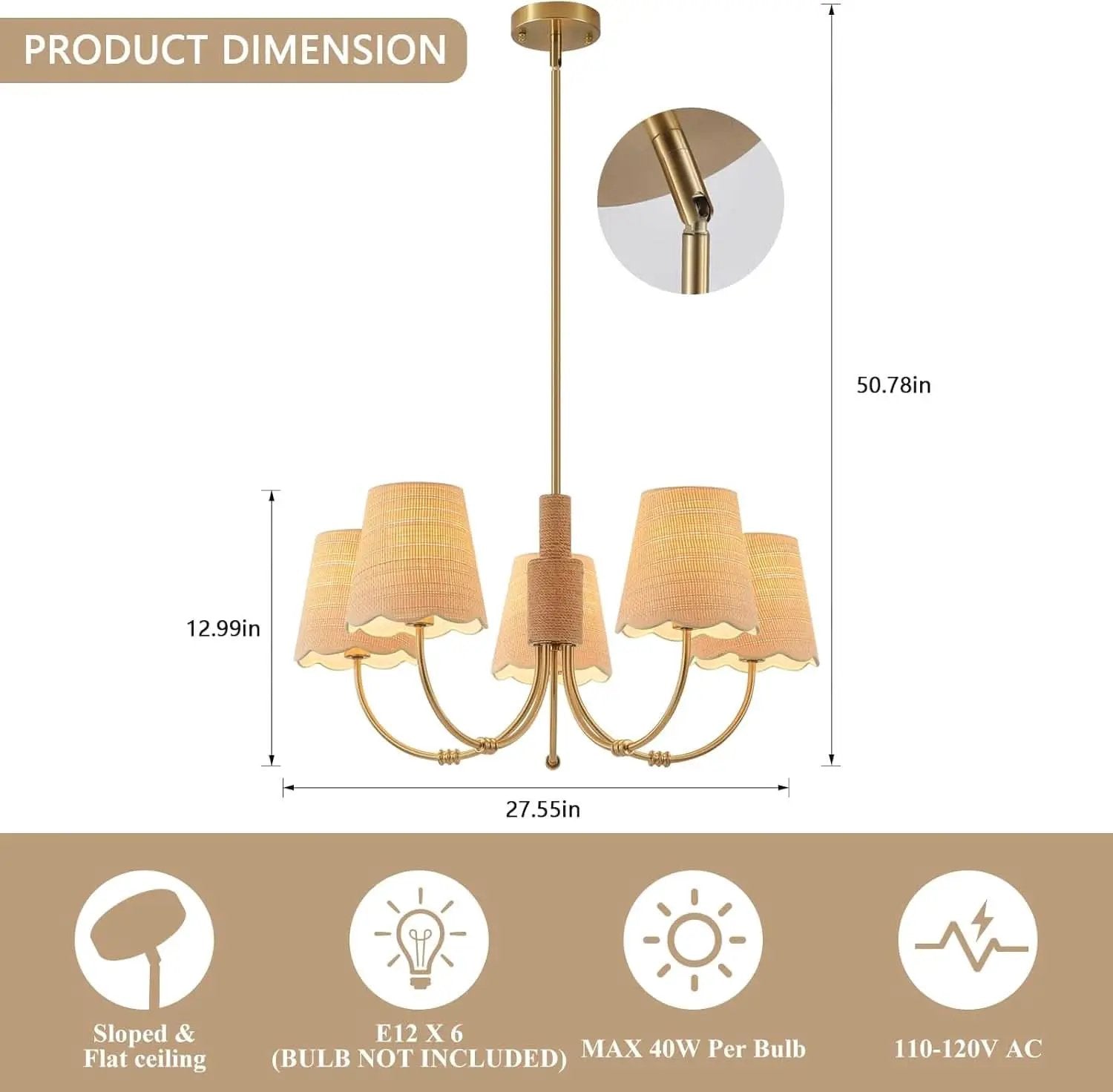 Antique Brass Boho Rattan Chandelier Pendant Dimmable from PriceLows™