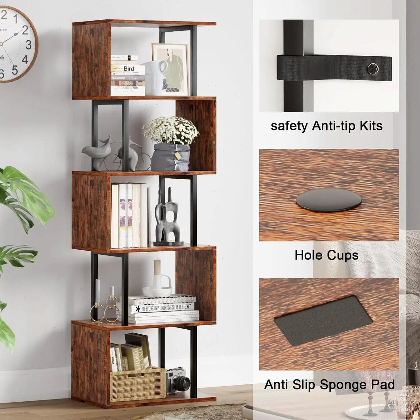S Shaped 6 Tier Bookshelf Wood And Metal Room Divider from PriceLows™