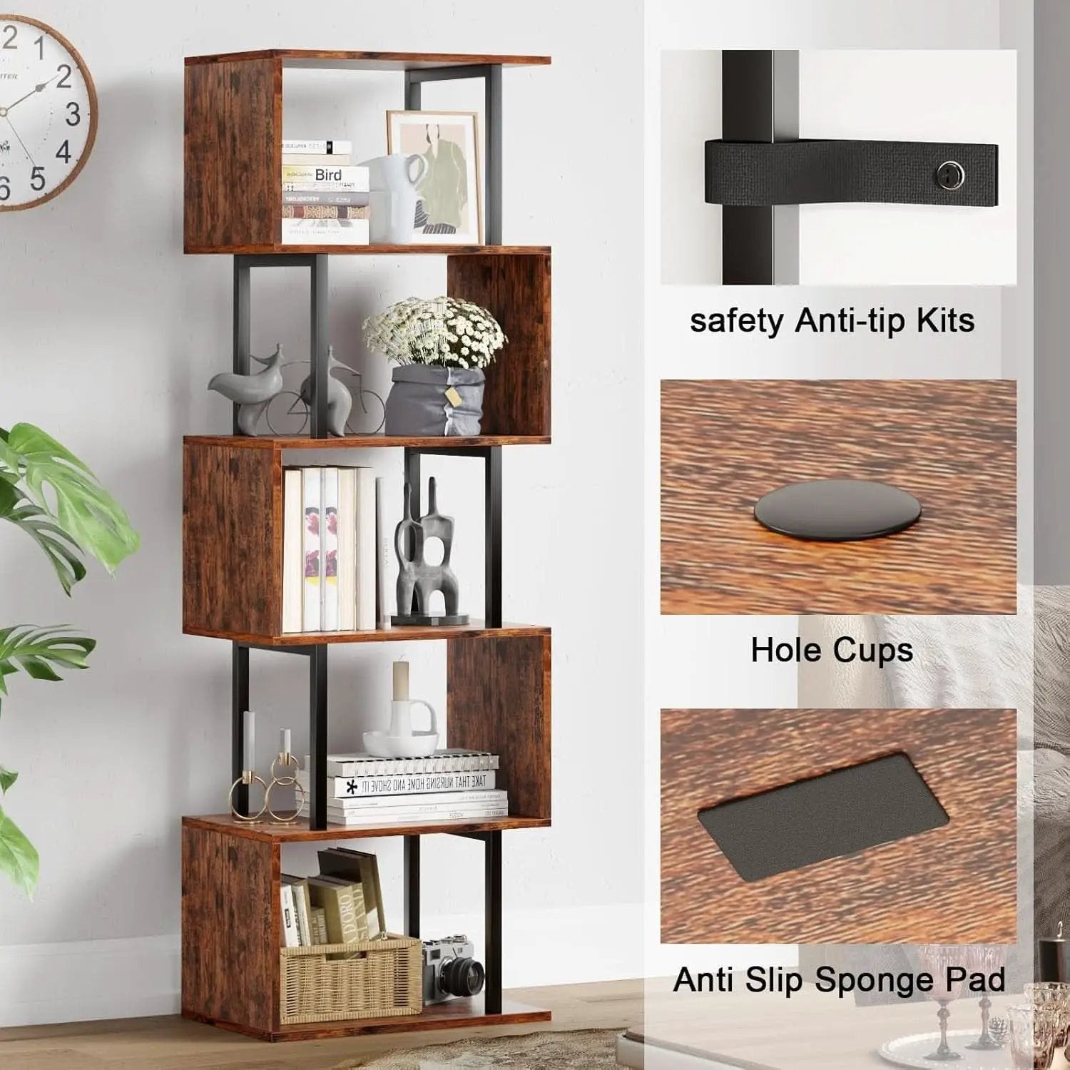 S Shaped 6 Tier Bookshelf Wood And Metal Room Divider from PriceLows™