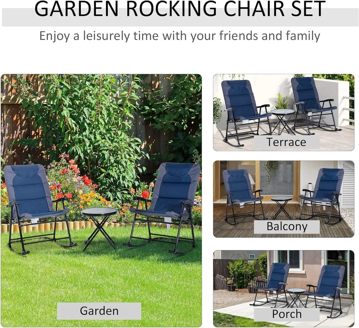 Three Piece Outdoor Patio Furniture Set With Glass Coffee Table And Two Folding Padded Rocking Chairs Navy Blue from PriceLows™