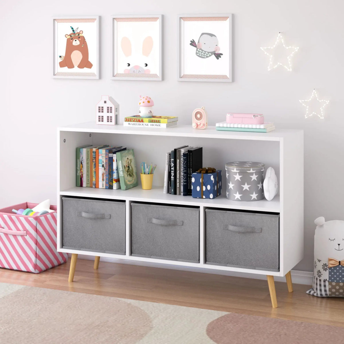 Bookcase With Collapsible Drawers | Three Fabric Drawers | Tip-Over Restraint | Book Display Organizer