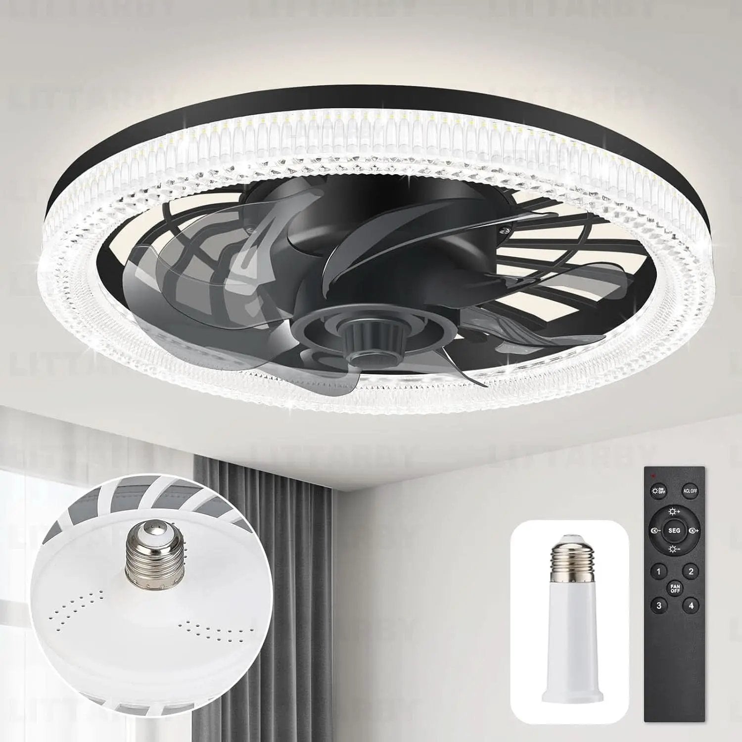 Black Ceiling Fan With Lights Remote Dimmable 3000K to 6500K Flush Mount from PriceLows™