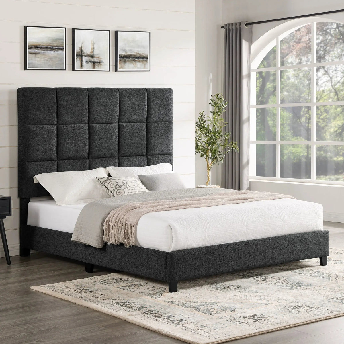 Squares Upholstered Headboard Platform Bed | Laminated Veneer Lumber | CNC-Cut Plywood Frame | 60 Inch Height