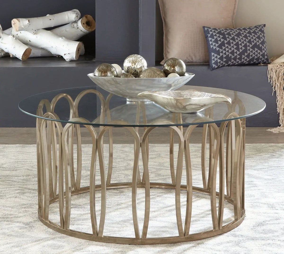 Monett Round Glass Top Coffee Table Chocolate Chrome | 39.25 x 39.25 x 18.75 in | Tempered Glass & Metal | Living Room