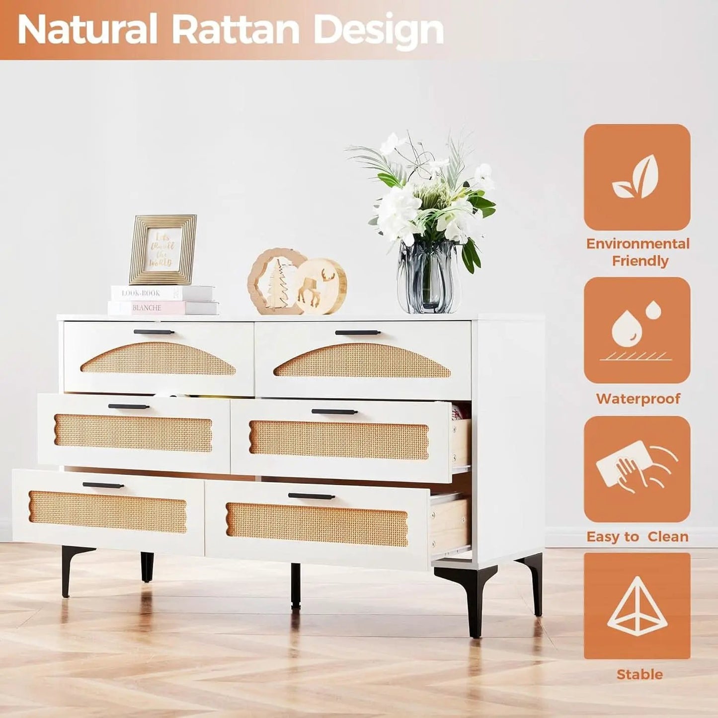 Six Drawer White Dresser With Industrial Steel Base from PriceLows™