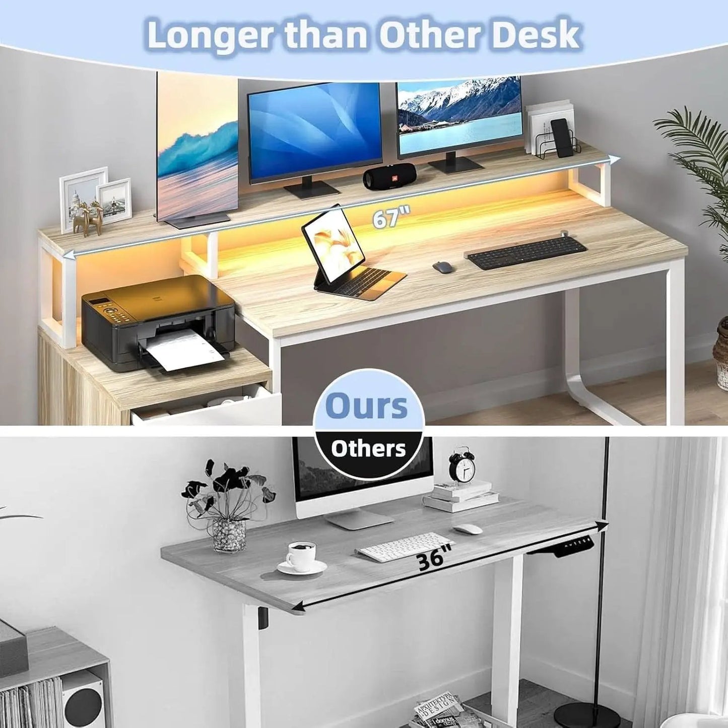67 nch White Walnut Computer Desk With LED Lighting from PriceLows™