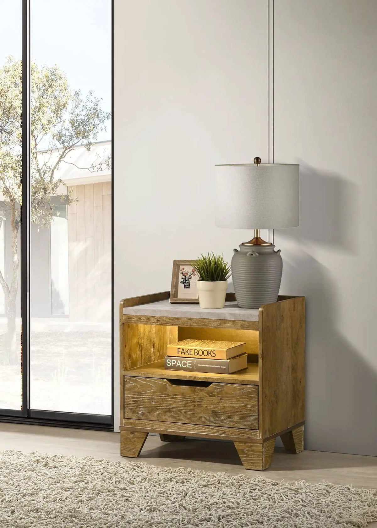 Henderson 1-drawer LED Nightstand Bedside Table Medium | 23.25 x 15.5 x 23.5 in | Rubberwood & Faux Marble | Oak
