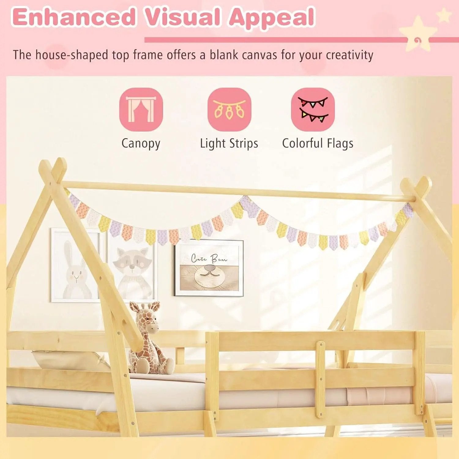Twin Over Queen Bunk Bed With Climbing Nets Ramp Natural from PriceLows™