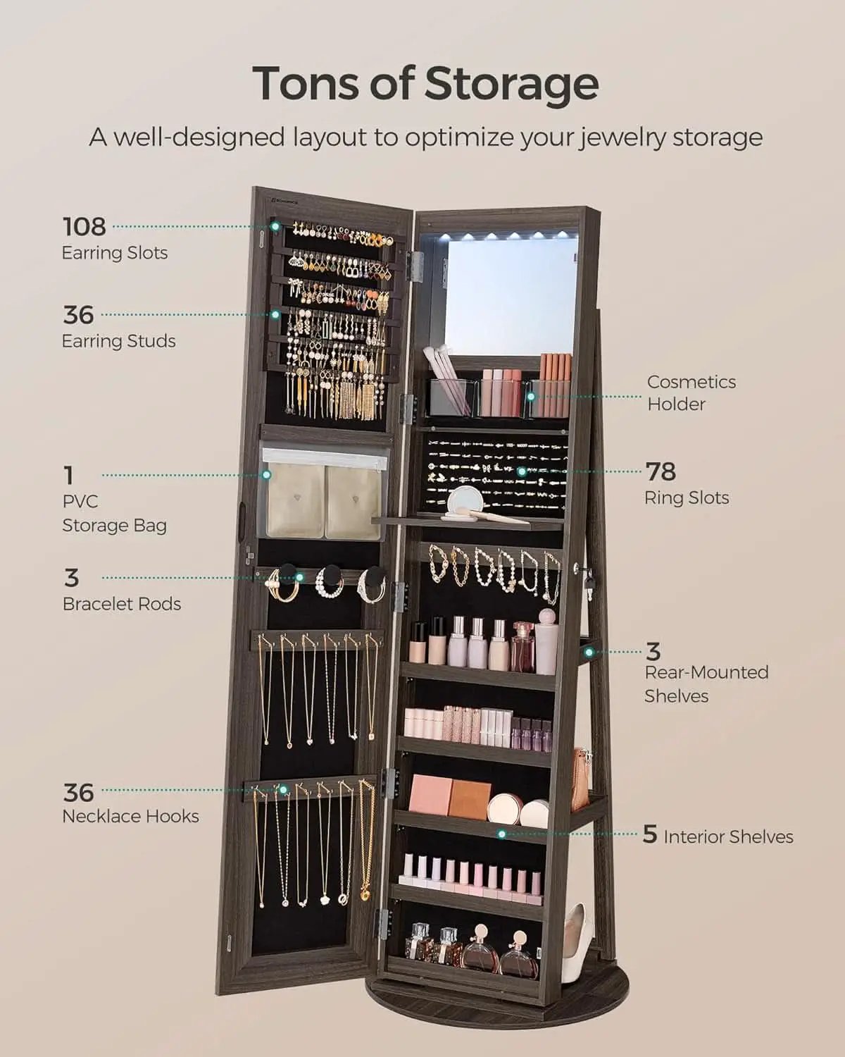 Ash Brown Lockable LED Full Length Mirror Jewelry Cabinet from PriceLows™