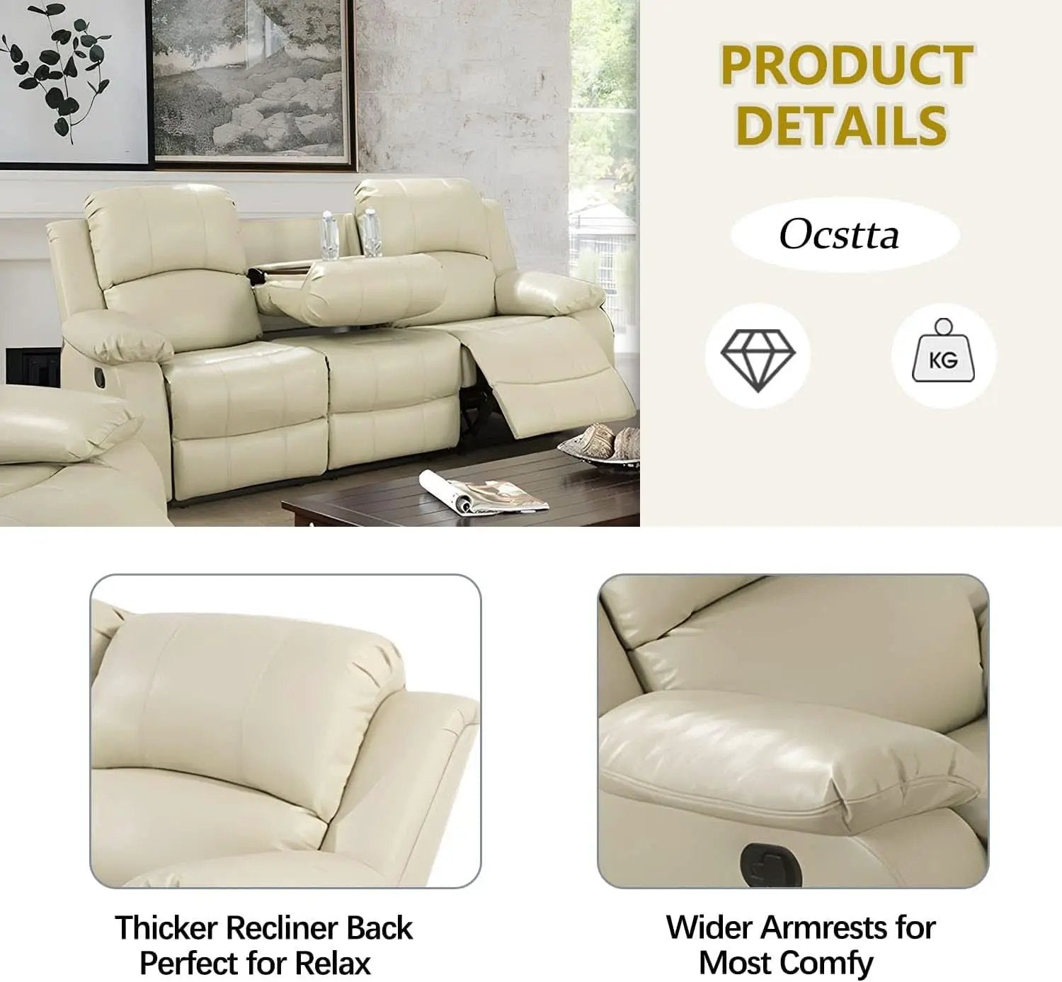 Beige Manual Leather 3 Piece Recliner Sofa Set For Living Room from PriceLows™