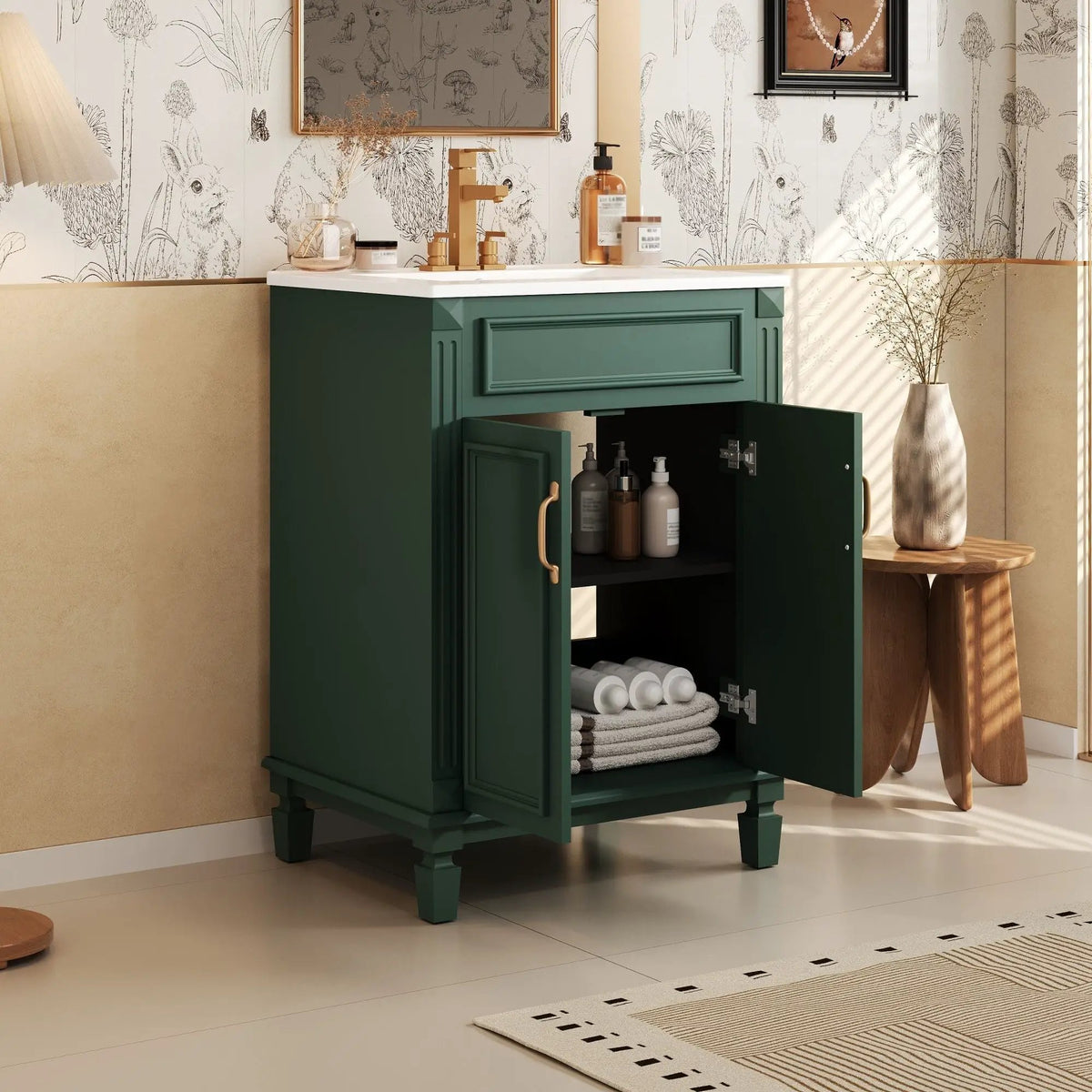 24 Inch Bathroom Vanity With Top Sink | Rubberwood Frame | 2 Soft Closing Doors | Glossy Ceramic Basin