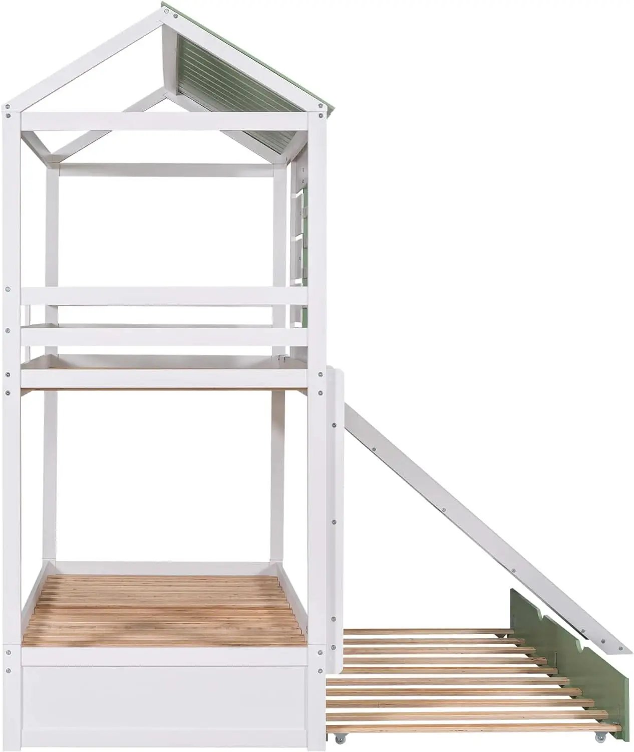 Bunk Bed Twin Over Twin With Slide And Trundle White Green from PriceLows™