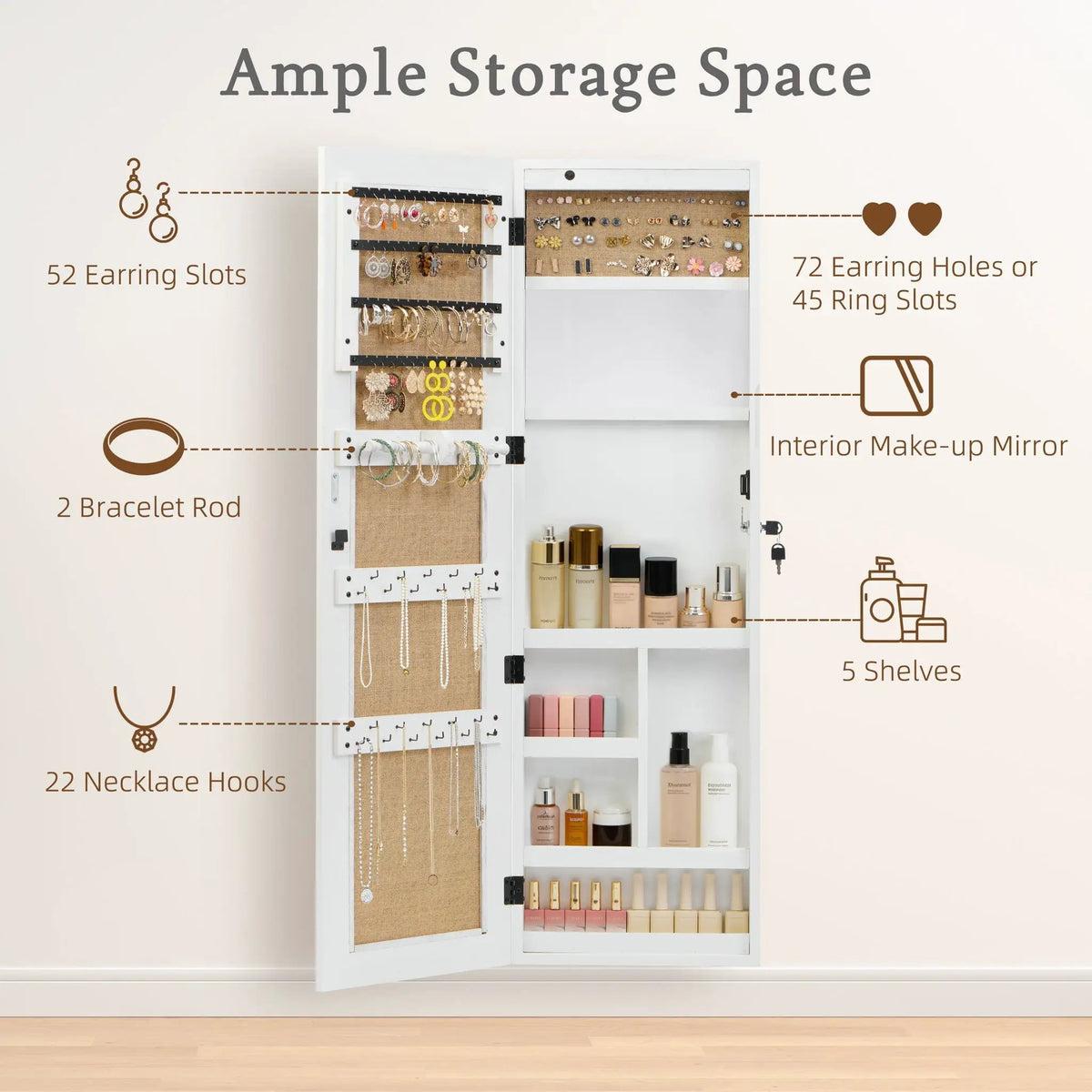 Jewelry Armoire With Full Length Mirror | Lockable Wall Mounted Cabinet | LED Light | Over The Door Use