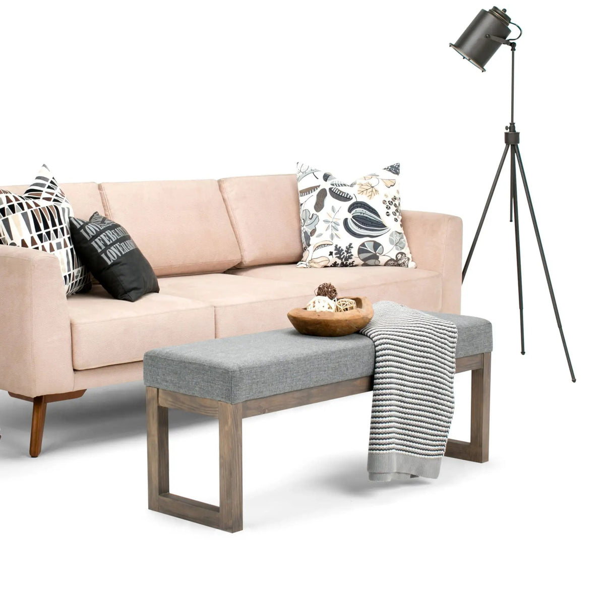 Milltown Upholstered Ottoman Bench | Driftwood Solid Wood Base | Versatile Design | 44.5 Inch Width