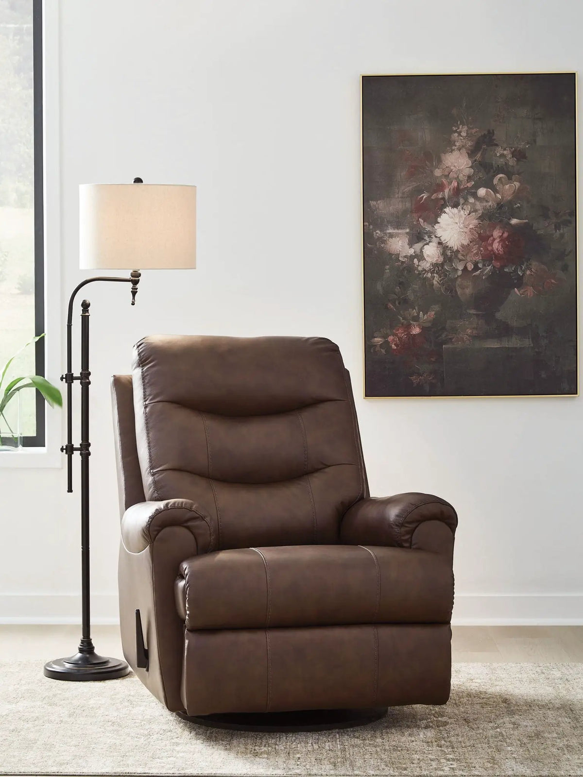 Flynwood Swivel Glider Recliner | Butternut Leather And Faux Leather | Pillow Top Arms | High Back