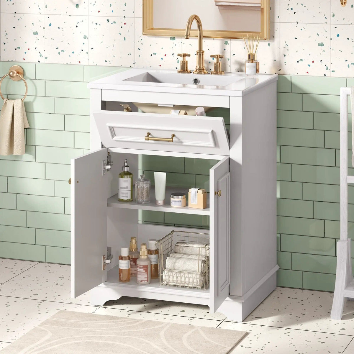Bathroom Vanity With Integrated Sink, 2 Door Cabinet With Tip Out Drawer | 3 Pieces | Solid Wood & Iron | Bathroom