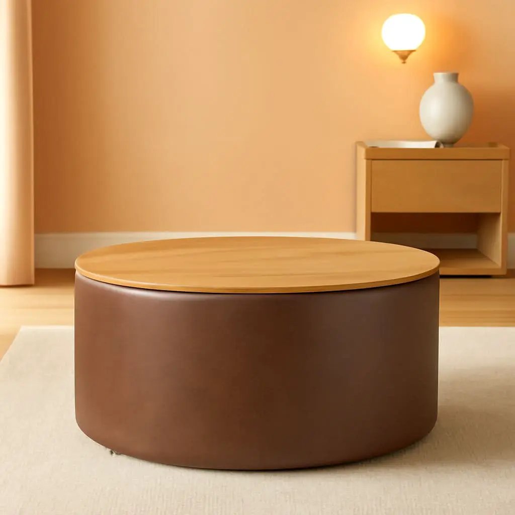 Polyester Upholstered Brown Wood Top Storage Ottoman from PriceLows™