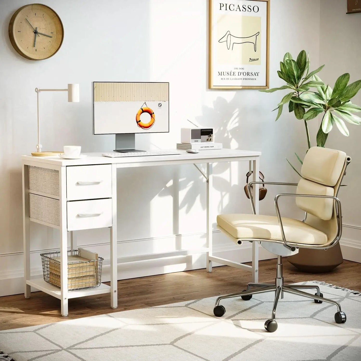 47 Inch White Ergonomic Executive Desk With Drawers from PriceLows™